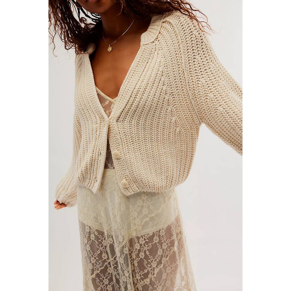 Free People Sweet Nothing Cardigan Womens S Ivory Cotton Ribbed Cropped Sweater
